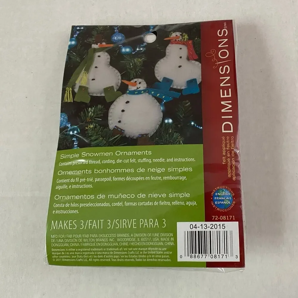 Dimensions Simple Snowmen Ornament Felt Applique Craft Kit Christmas Holiday NWT